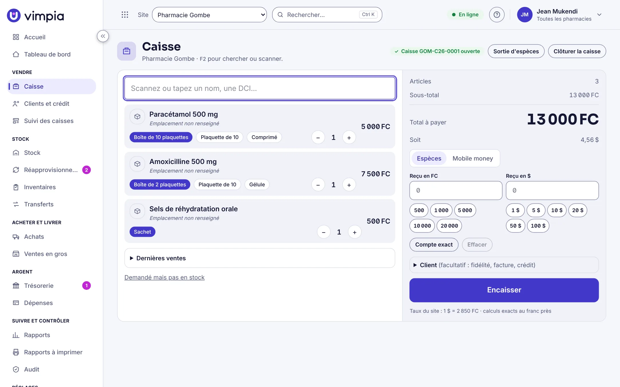 La caisse de Vimpia : trois produits au panier, total en francs et en dollars, espèces ou mobile money.