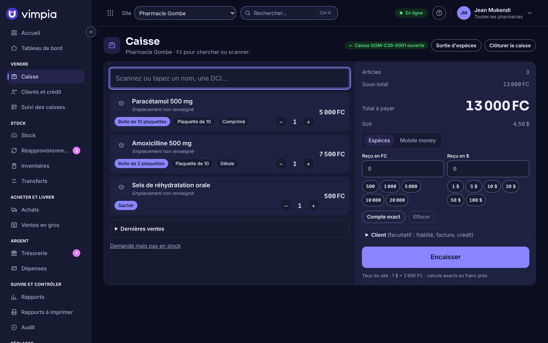 La caisse de Vimpia : trois produits au panier, total en francs et en dollars, espèces ou mobile money.