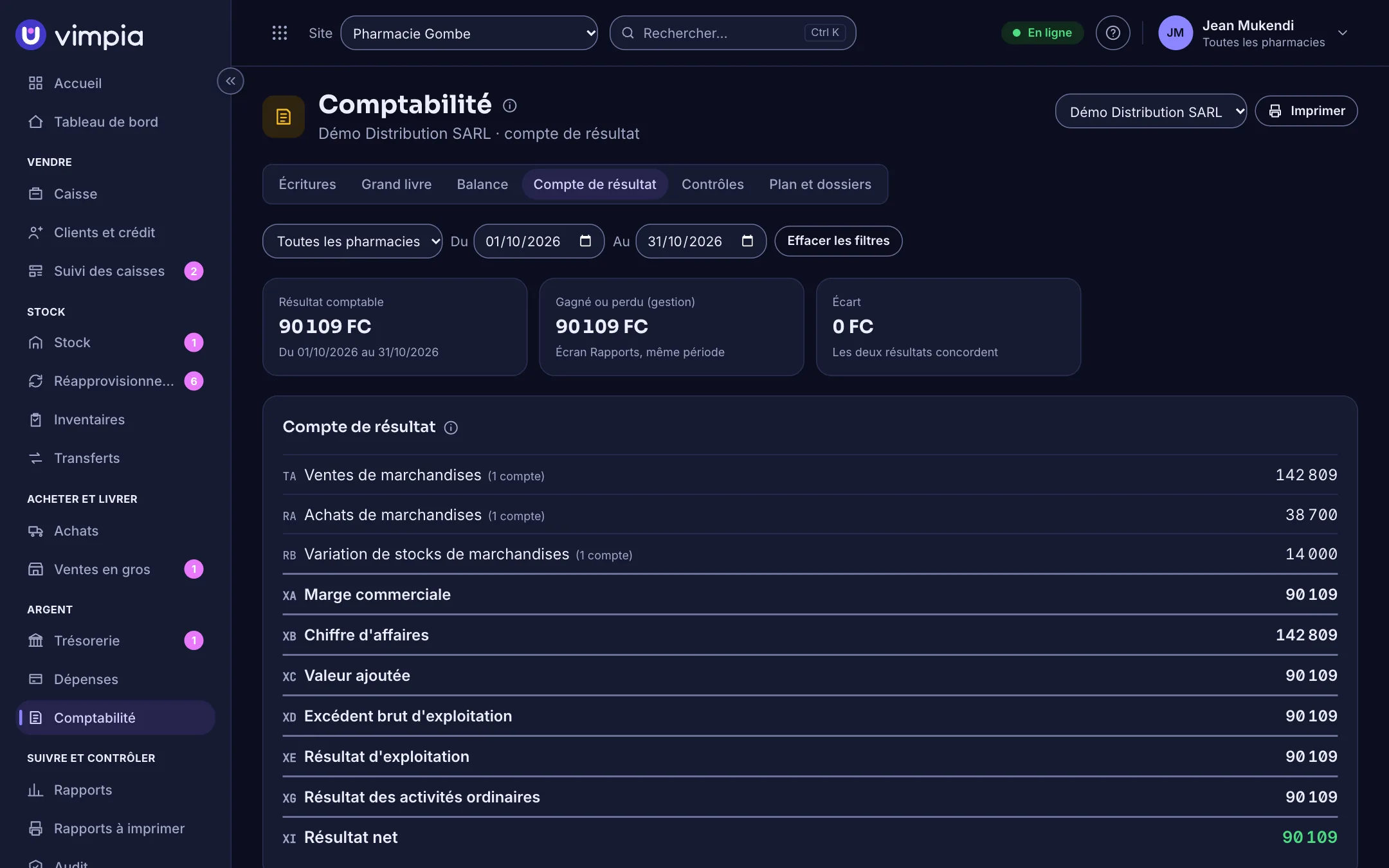 Le compte de résultat SYSCOHADA dans Vimpia : soldes intermédiaires jusqu'au résultat net, à côté du « gagné ou perdu », sans écart.