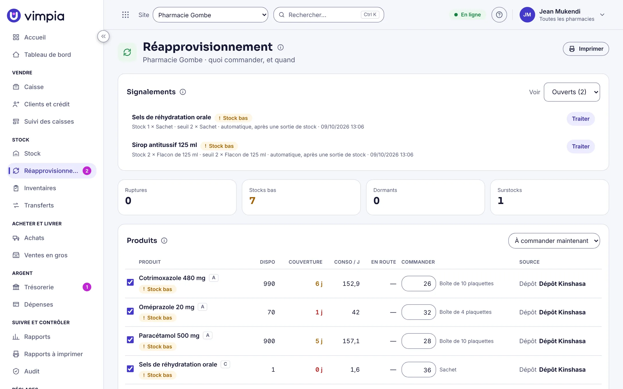 Le réapprovisionnement dans Vimpia : signalements de la caisse et produits à commander, avec la source.