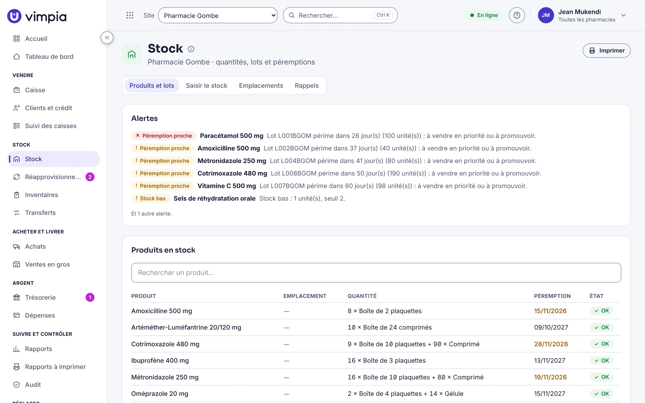 L'écran Stock de Vimpia : alertes de péremption et produits en stock, lot par lot.