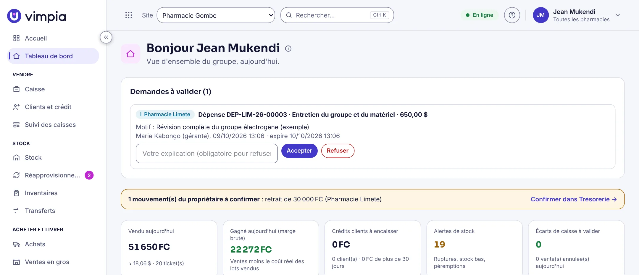 Le tableau de bord de Vimpia dans le navigateur : demandes à valider et chiffres du jour.