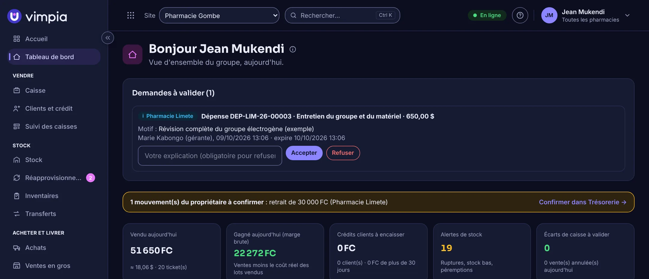 Le tableau de bord de Vimpia dans le navigateur : demandes à valider et chiffres du jour.