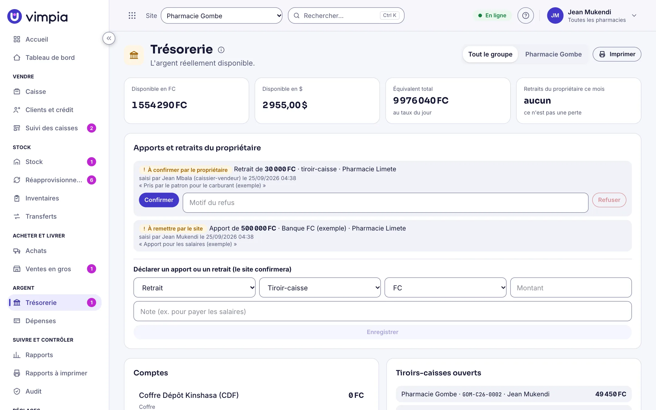 La trésorerie de Vimpia : disponible en francs et en dollars, apports et retraits du propriétaire, comptes et tiroirs-caisses.