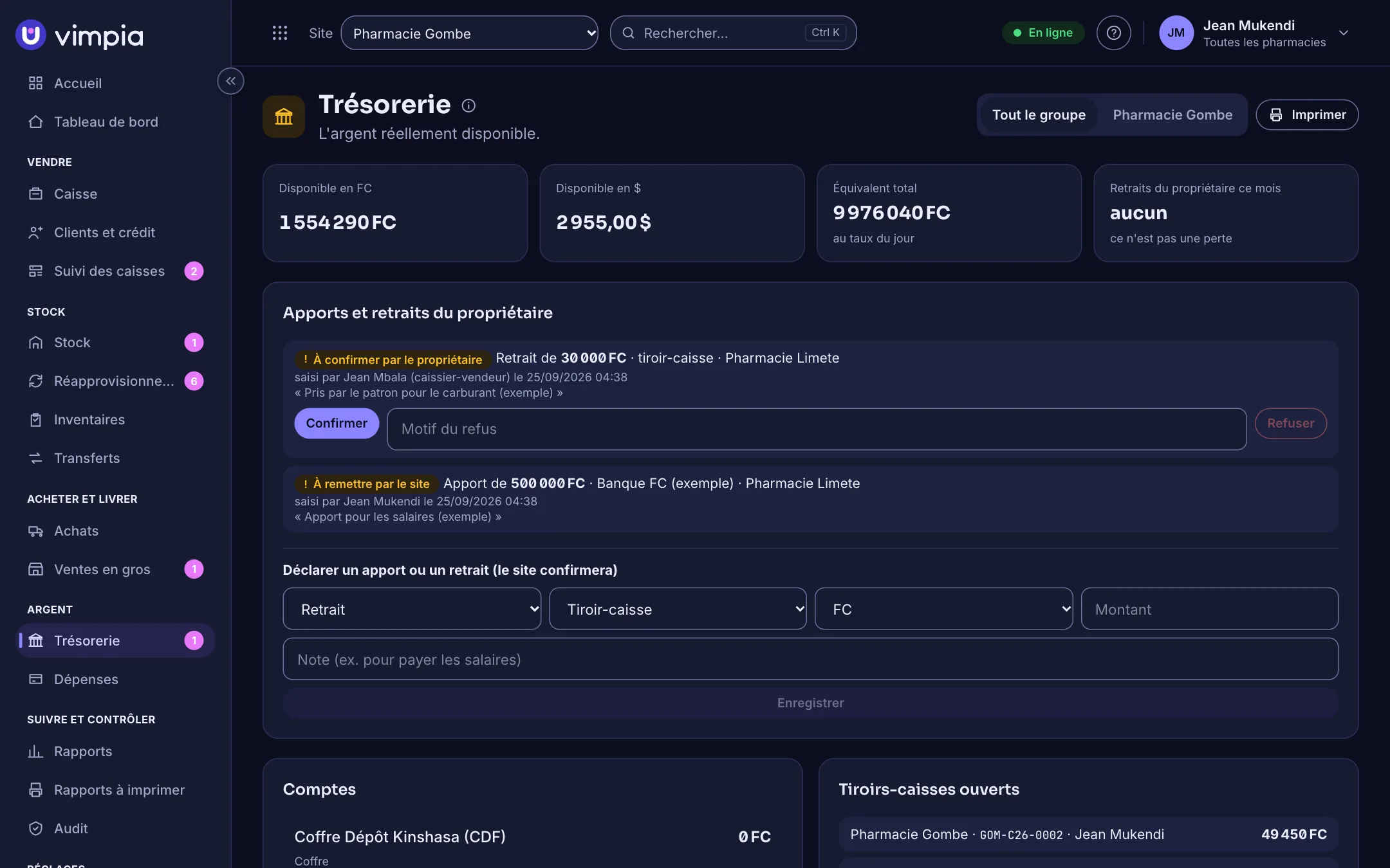 La trésorerie de Vimpia : disponible en francs et en dollars, apports et retraits du propriétaire, comptes et tiroirs-caisses.