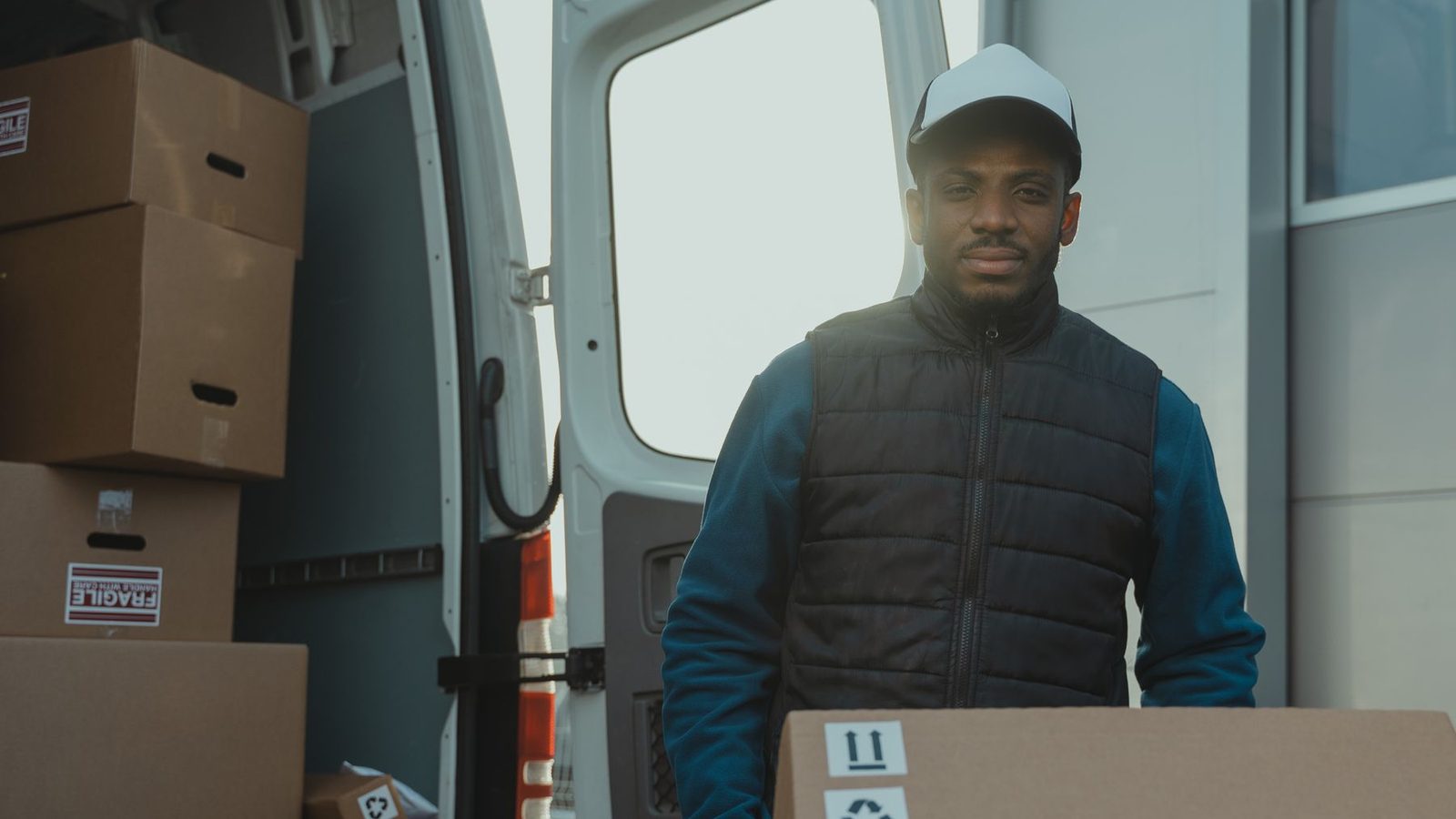 Un livreur devant sa camionnette ouverte, pleine de cartons, avec un grand carton devant lui.